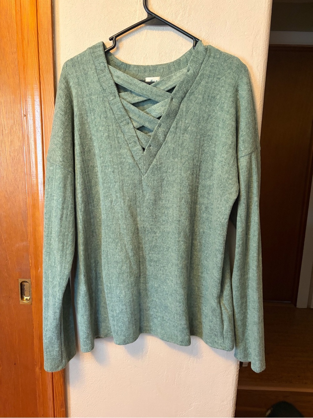 Crisscross V-Neck Long Sleeve Sweatshirt in Sage Green